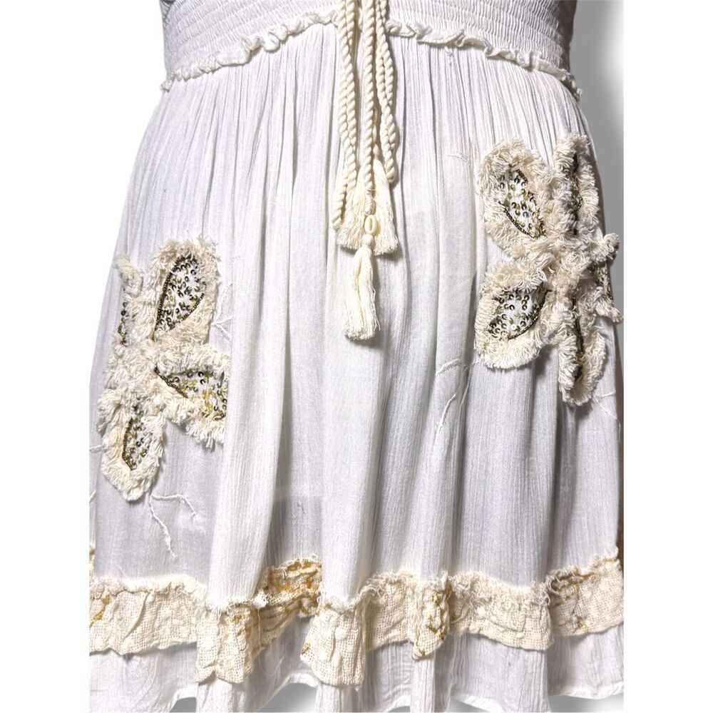 POL Boho Embroidered Mini Dress Smocked Waist Floral Tassel Tie Ivory Cream NEW - Picture 15 of 16